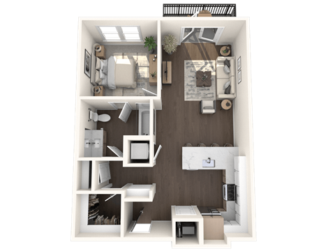 A 3D floor plan of a small apartment with a kitchen, living room, and bathroom.